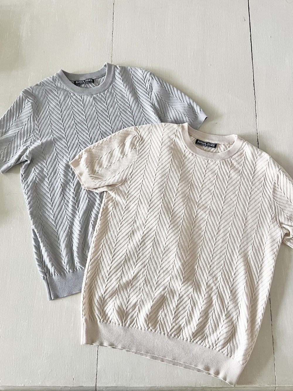 Paul Jones Textured Cable Knit Short Sleeve Sweater Set Cream & Gray Size S